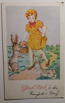 AH: Tyttö kantaa munakoria ja säikähtää pupuja, p. 1945