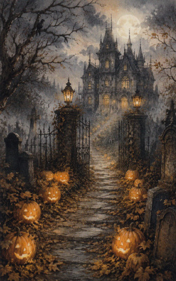 Halloween kurpitsat valaisevat tien linnaan