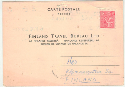M54 1956 20 (mk) vastauskortti Ruotsista leimaton