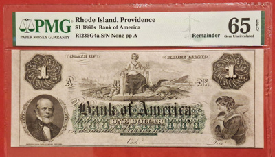 USA 1 Dollar 1860s Rhode Island Remainder, PMG 65 UNC EPQ