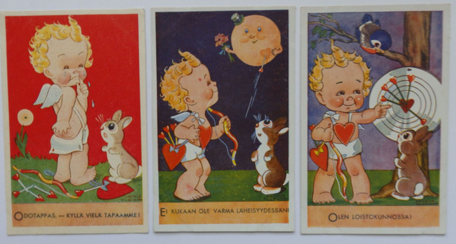 3 kpl Postikortteja, Arnold Tilgmann Amor sarja