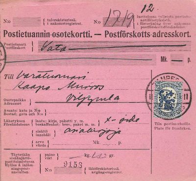 TAMPERE 2.X.24 LEIMA M17 2MK POSTIETUANNIN-OSOTEKORTTI