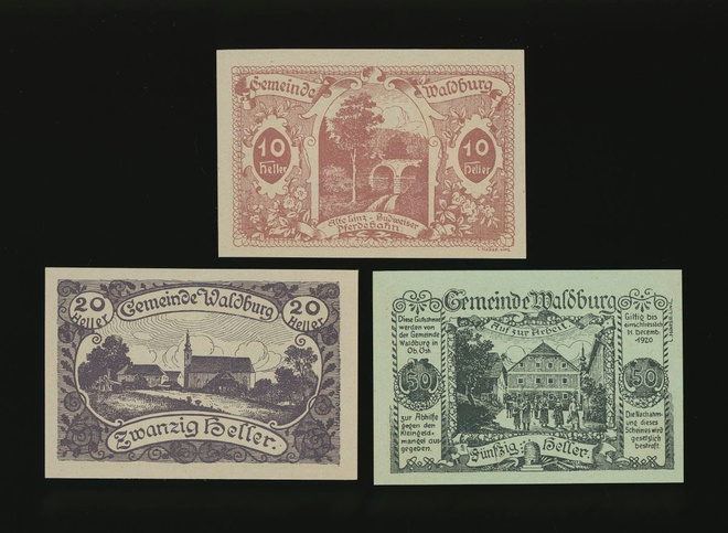 Itävalta Notgeld 10, 20, 50 Heller, Waldburg 1920