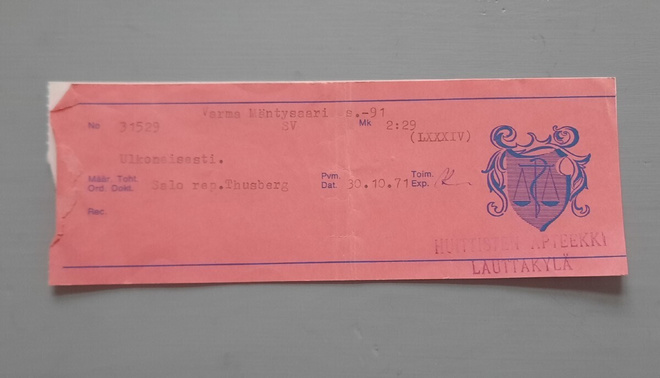 signatuuri Huittisten apteekki Lauttakylä -71 PUN.