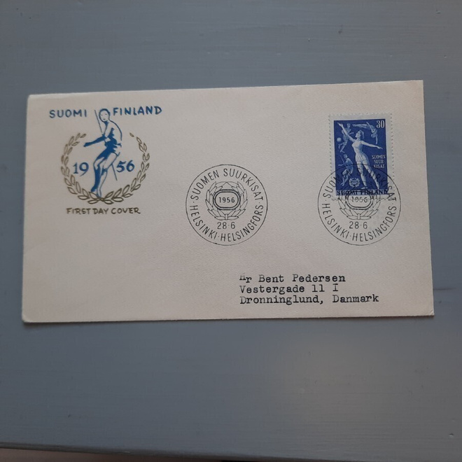 FDC Suomi 1956 Suurkisat EL, teemakuori Tanskaan