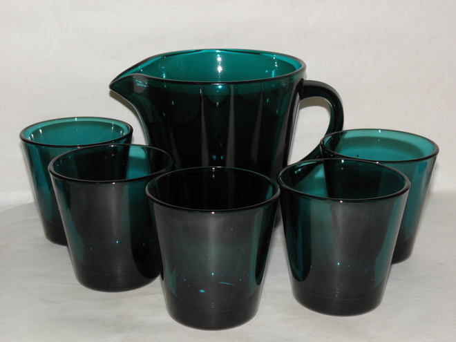 turkoosi Iittala Kaj Franck lasi  5 kpl + kannu / kaadin