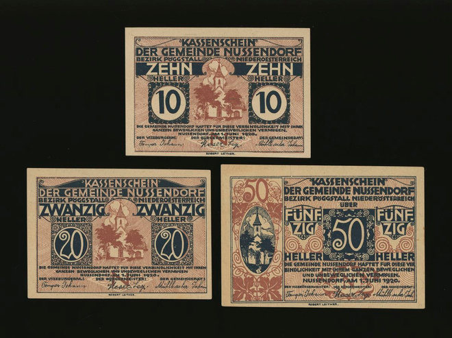 Itävalta Notgeld 10, 20, 50 Heller, Nussendorf 1920