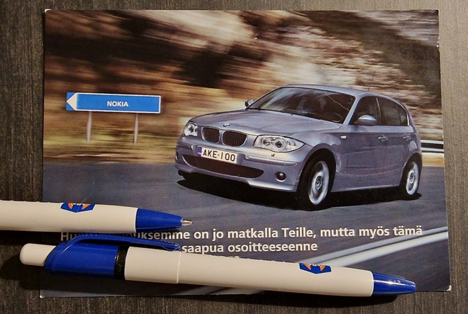 AUTOKORTTI, BMW 120i, kulkenut  postikortti + postileima