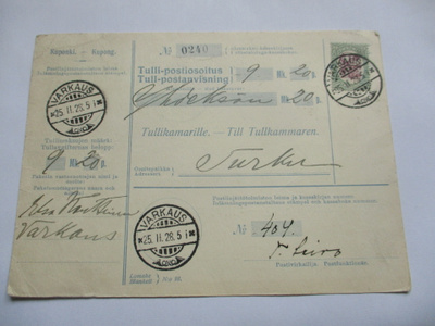 1928 Varkaus tullipostiosoitus