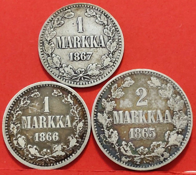 1 mk 1866 + 2 mk 1865, OK kunto. 1 mk 1867 hyvä vuosi. (KD5)