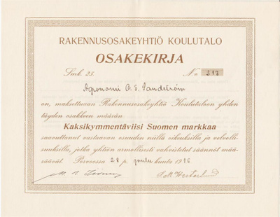 OKK 1916 Rakennus Oy, Koulutalo Porvoo osakekirja