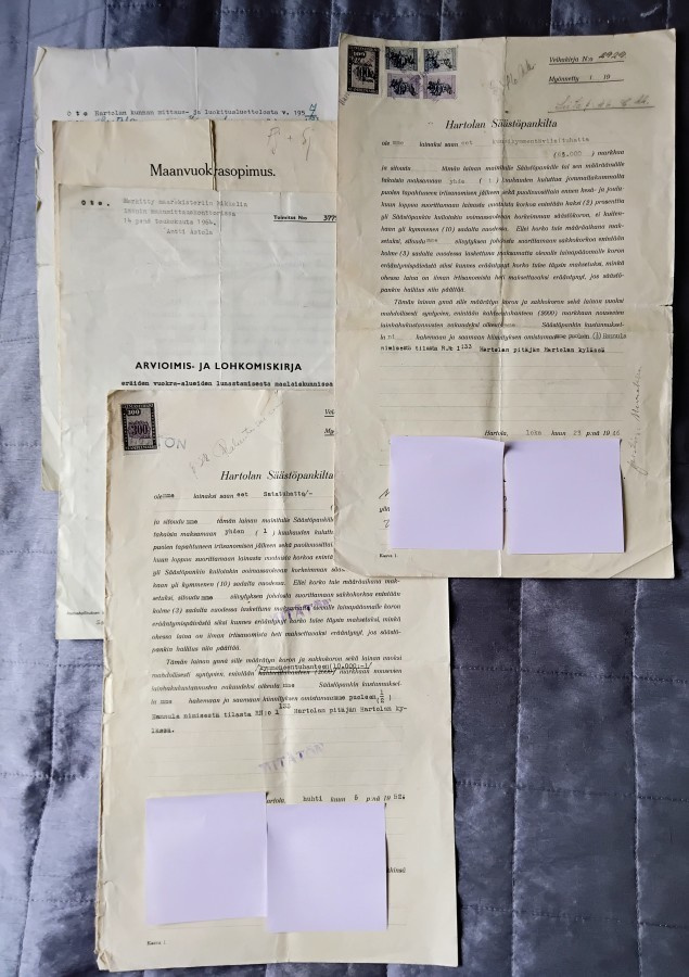 v. 1946, 1952 pankkilainan velkakirja + asiakirjoja