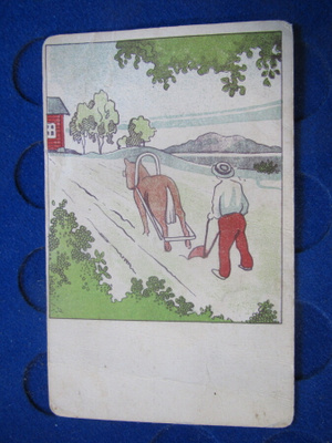 Mies ja hevonen. Postikortti 1920-luvulta