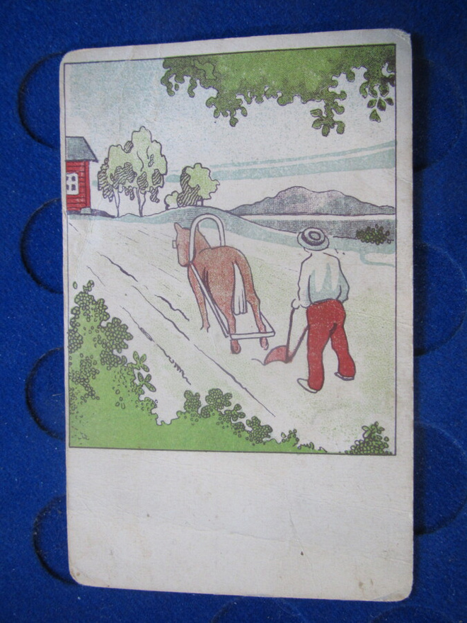 Mies ja hevonen. Postikortti 1920-luvulta