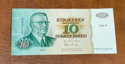 10 markkaa v.1980 Litt.A, korvaava 1991..., taittamaton