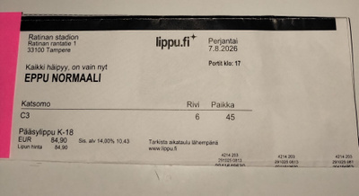 Eppu normaali perjantai 7.8.2026 ratinan pääsylippu