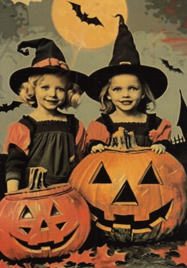 Halloween kaksi tyttöä noitahatuissaan