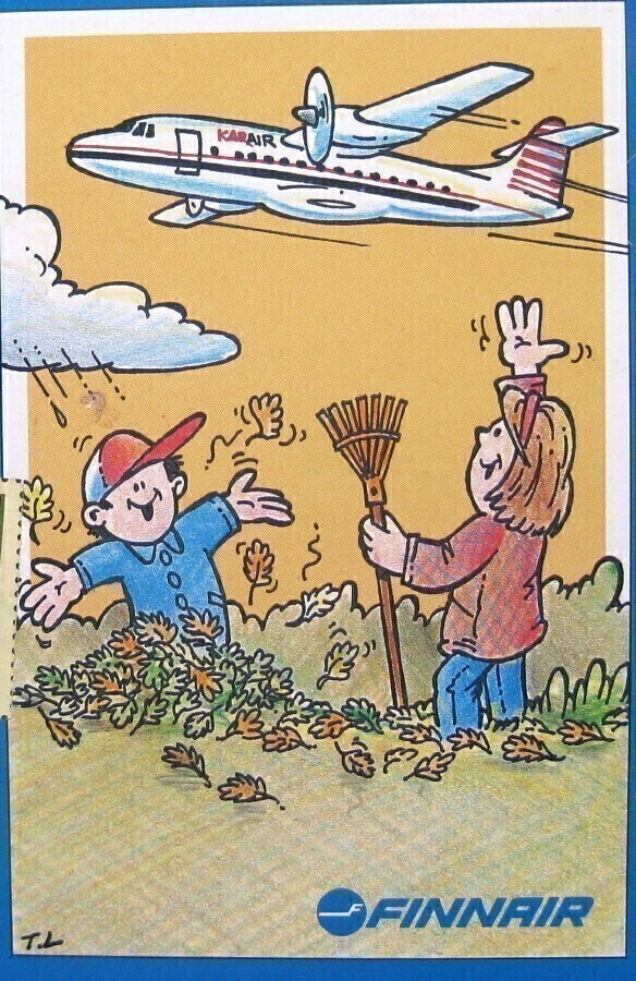Puutarassa haravoimassa plus Finnair postikortti