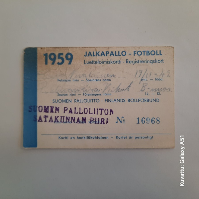 Jalkapallo 1959 luetteloimiskortti Suomen Palloliitto Sataku