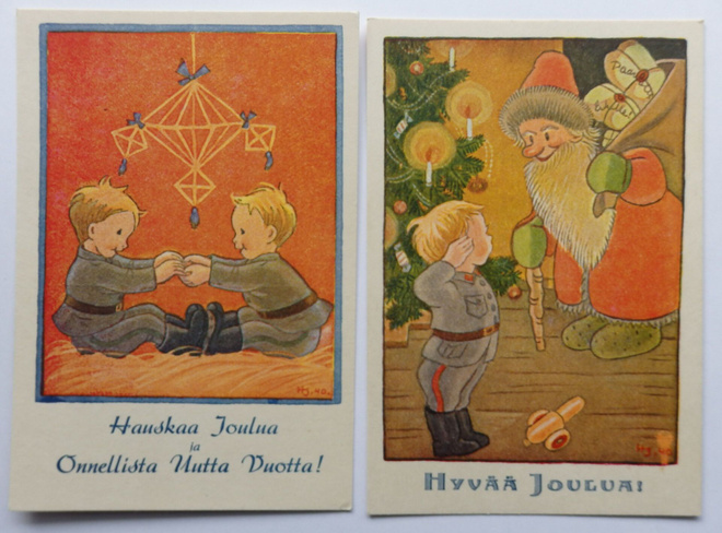 2 kpl Sotilaspostikortteja, piirt. Helga Sjöstedt