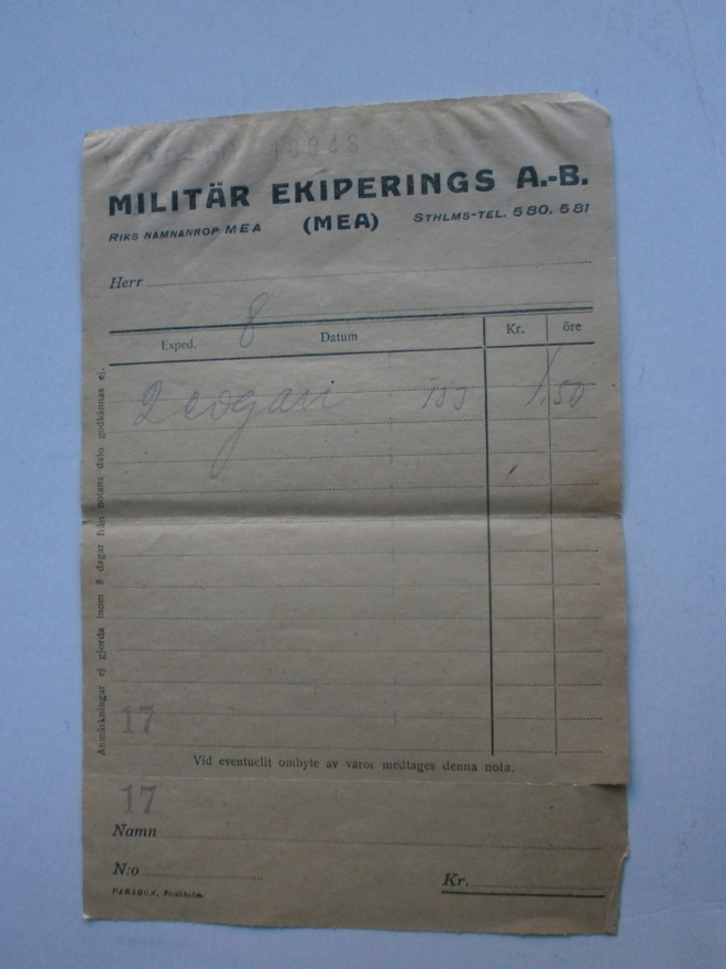 Kuitti "Militär Ekipering", Tukholma, 1918