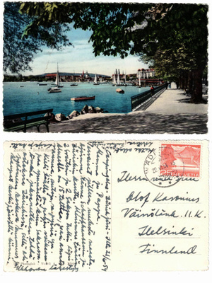 Vanha kortti, Sveitsi, Zürichinjärvi, vuodelta 1954