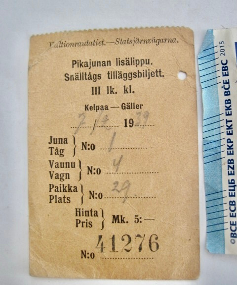 VANHA Pikajunan Lisälippu VR Rautatie 1939