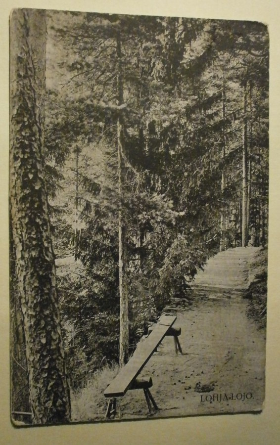 Lohja, penkki mäntyjen katveessa, mv pk, p. 1915 + sens.