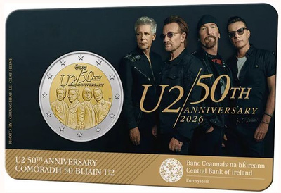 ** IRLANTI 2€ 2026 U2 50 vuotta kortissa **