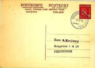 1948 9mk CP kaksoiskortti FDC