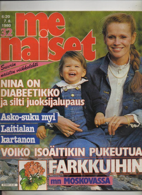 Me Naiset n:o 32 1980 Nina. Elina & Panu. Heinäsirkka. Mosko