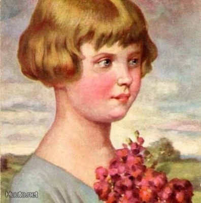 LAPSET / Lempeä tyttönen ja kukkakimppu. 1920-l.