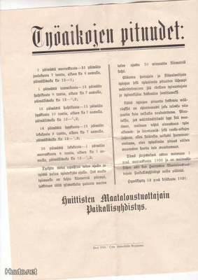 Työaikojen pituudet, tiedote 1920, Huittisten Maa.ta.t.yhd.