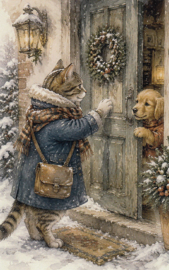 Kissa koputtaa koiran ovelle