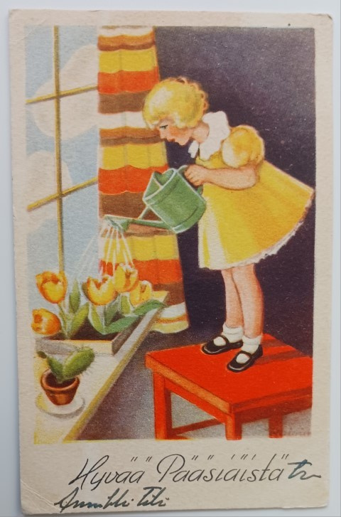 Pikkuleidi kastelee Pääsiäistulppaaneja, p. 1943