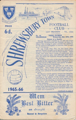 Jalkapallo otteluohjelma Shwersbury - Gillingham 1966 (!!)