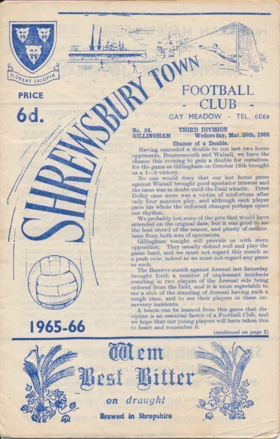 Jalkapallo otteluohjelma Shwersbury - Gillingham 1966 (!!)