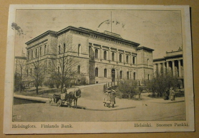 Helsinki, Suomen Pankki, vossikka ja leidejä, p. 1915 + sens