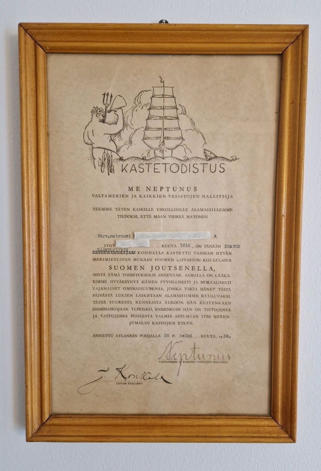Kastetodistus 1934 Suomen Joutsen Me Neptunus
