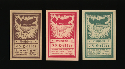 Itävalta Notgeld 25, 50, 75 Heller, Gries am Brenner 1920