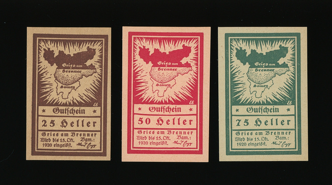 Itävalta Notgeld 25, 50, 75 Heller, Gries am Brenner 1920