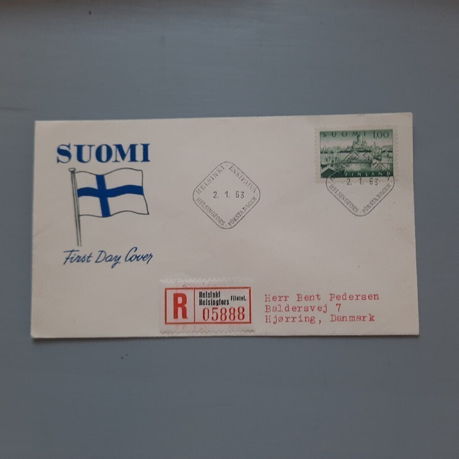 FDC Suomi M-63 II 1mk R-kuori Tanskaan