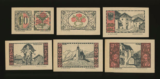 Itävalta Notgeld 20, 30, 50, 60, 75, 95 Heller, Telfs