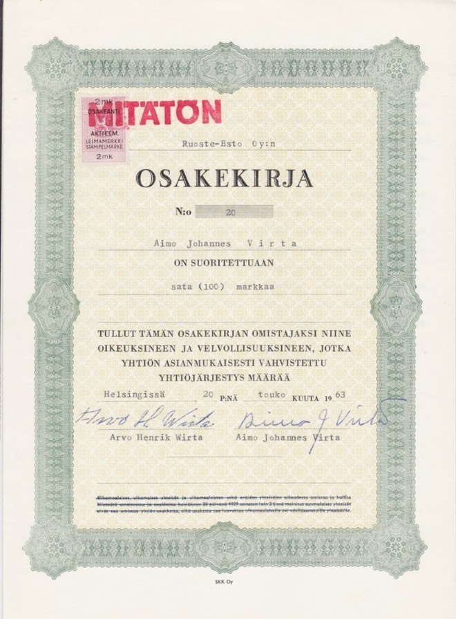 OKK 1963 Ruoste-Esto Oy, Helsinki osakekirja