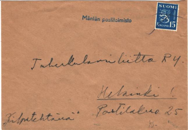 RIVILEIMA MÄNTÄN POSTITOIMISTO  MERKIN MITÄTÖINTI 15MK SININ