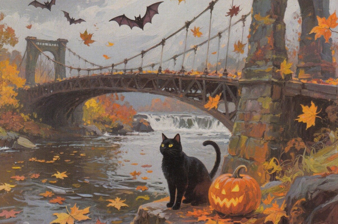 Halloween musta kissa riippusillan vieressä