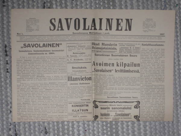 Sanomalehti: Savolainen 1.11.1907 , näköisp. 1976
