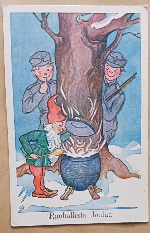 A.J- Sotilaat katsovat puun takaa tontun puuronkeittoa ei p.