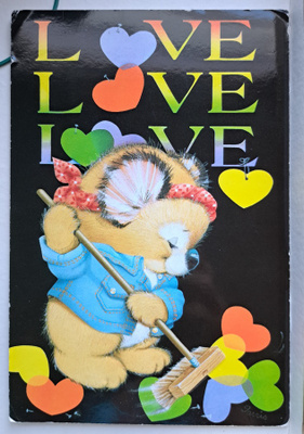Love-kortti, nalle lakaisee sydämiä, kulkematon