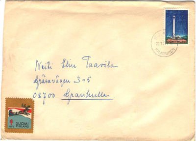 POSTILÄHETYS KAUNIAINEN-GRANKULLA PAIKALISKIRJE+JOULUMERKKI